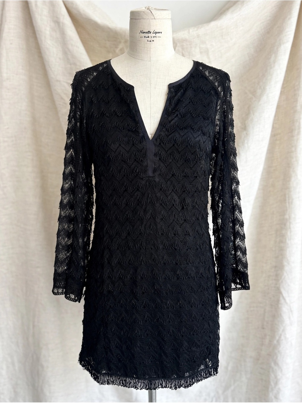 Nanette Lepore Black Chevron Lace Mini Dress Size M Bell Sleeve